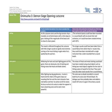 Ig1 task 2 analysis work sheet onimusha 3