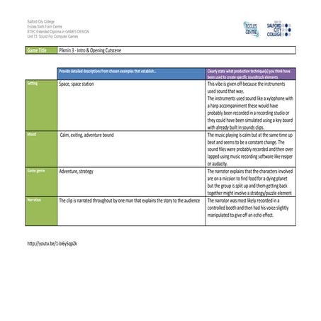 Ig1 task 2 analysis work sheet pikmin 3   intro & opening cutscene