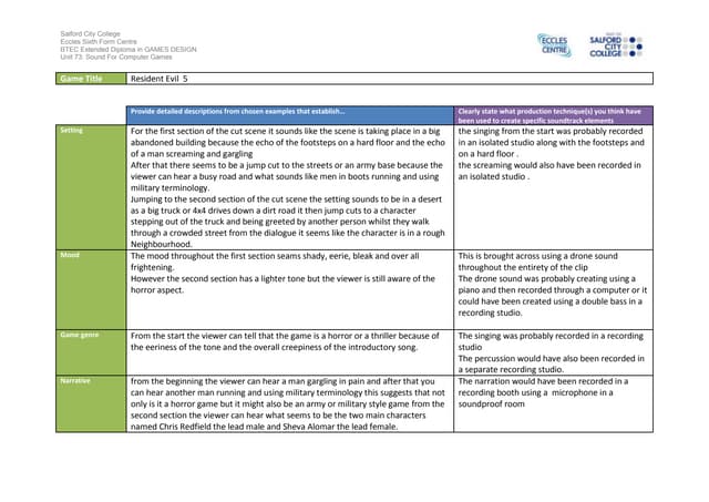Ig1 task 2 analysis work sheet resident evil