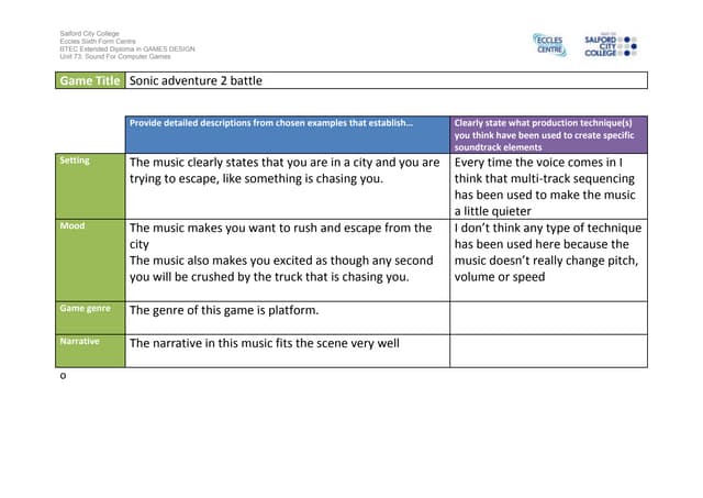 Ig1 task 2 analysis work sheet sonic adveture battle 2