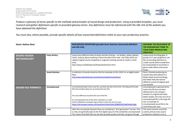 IG2 Task 1 Work Sheet