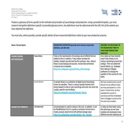 IG2 Task 1 Work Sheet Terence Byrne