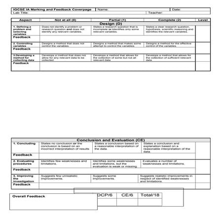 IGCSE IA Marking and Feedback Cover page