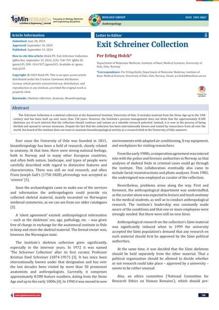 The Disbandment of the Schreiner Skeletal Collection: Implications for Research