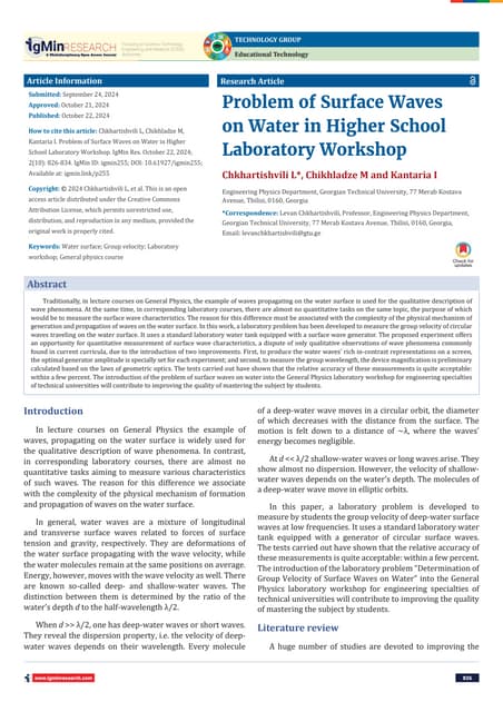 Investigation of Surface Waves on Water in Advanced School Laboratory Workshop