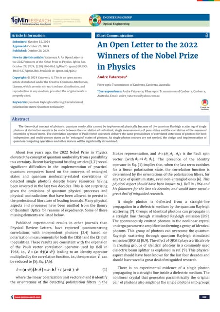 A Public Letter Addressed to the 2022 Nobel Prize in Physics Laureates