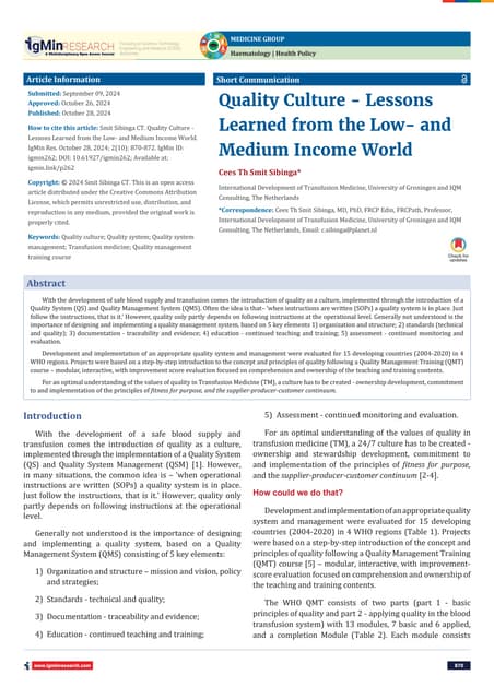 Quality Culture - Lessons Learned from the Low- and Medium Income World