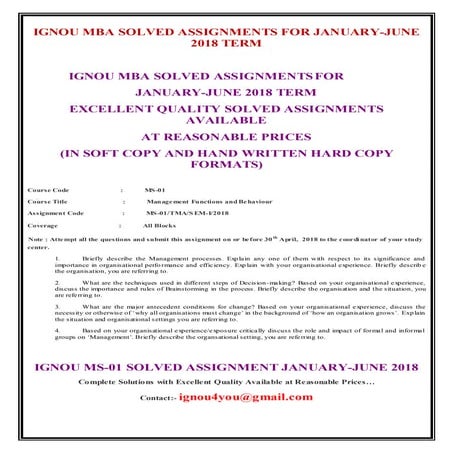 Ignou mba solved assignments for january 2018