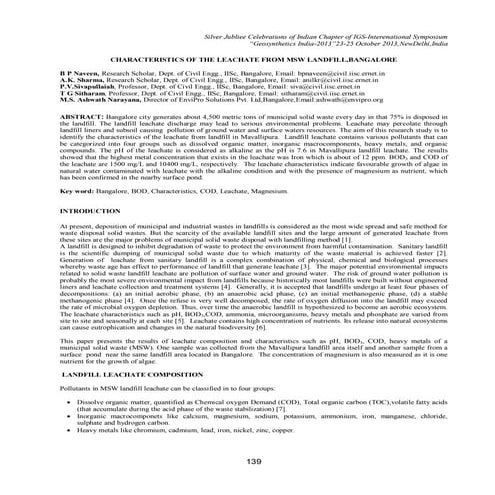 CHARACTERISTICS OF THE LEACHATE FROM MSW LANDFILL,BANGALORE 