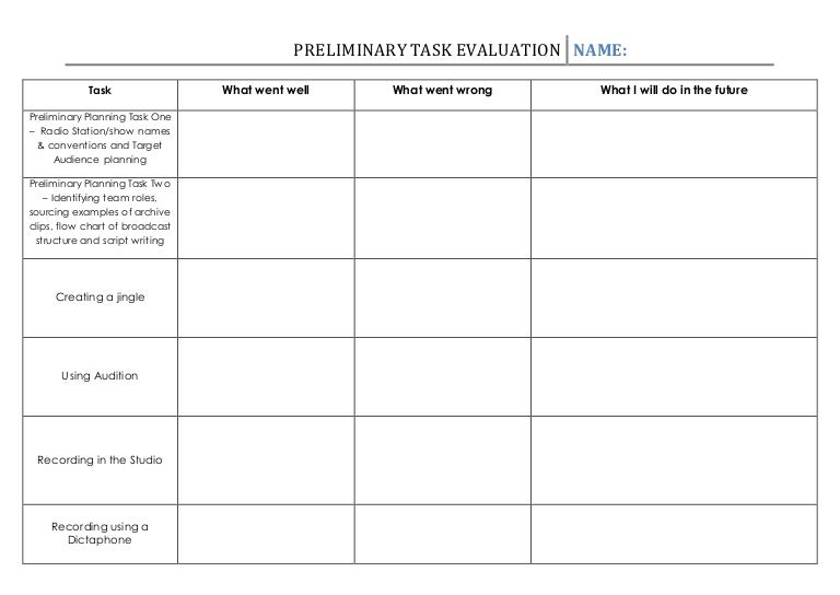Preliminary task evaluation grid