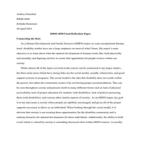 Critical Issues in Disability; Final Reflection Paper Gruenhut.docx