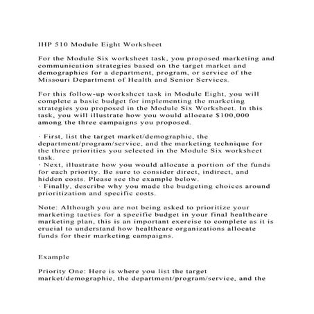 IHP 510 Module Eight WorksheetFor The Module Six Worksheet Tas docx