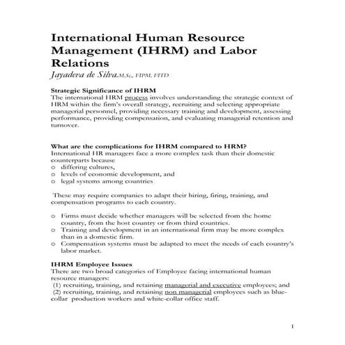 IHRM  & labour relations