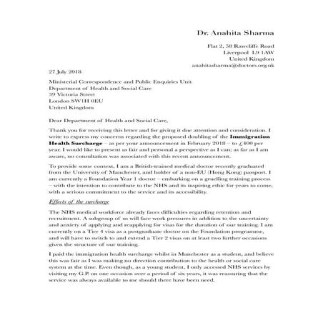 Junior Doctor writes to the Government about Visa Fees