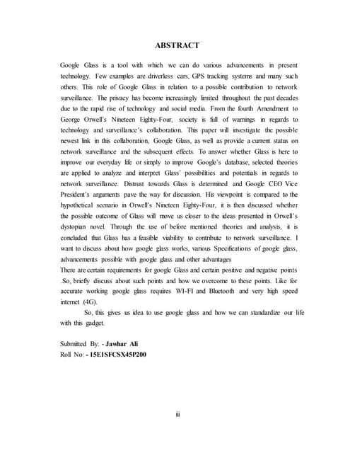 introduction and abstract on  Google Glass Major report