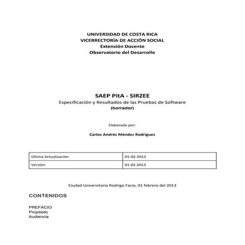 Especificación y resultados de las pruebas de software