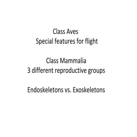 Special features for flight,3 mammal reprod groups & endoskeleton vs exoskeleton