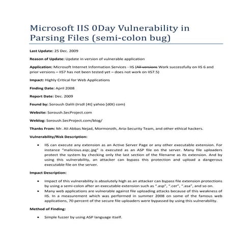 IIS Critical Vulnerability 23/12/09