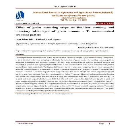 Effect of green manuring crops on fertilizer economy and monetary ...