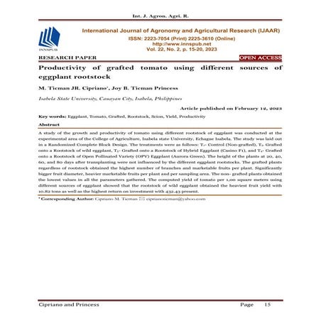 Productivity of grafted tomato using different sources of eggplant rootstock