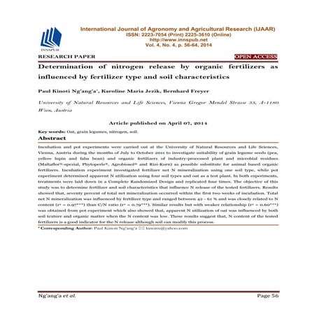 Determination of nitrogen release by organic fertilizers as influenced by fer...