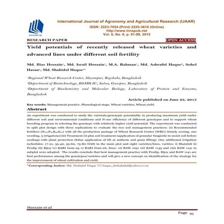 Yield potentials of recently released wheat varieties and advanced lines unde...