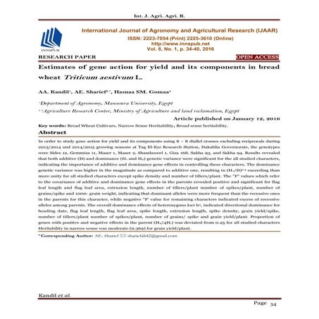 Estimates of gene action for yield and its components in bread wheat Triticum...