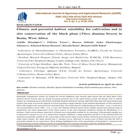 Climate and potential habitat suitability for cultivation and in situ conserv...