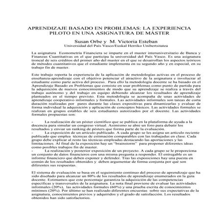 Aprendizaje basado en problemas: Experiencia piloto en una asignatura de máster
