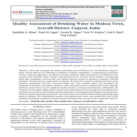 Quality Assessment of Drinking Water in Modasa Town, Aravalli District ...