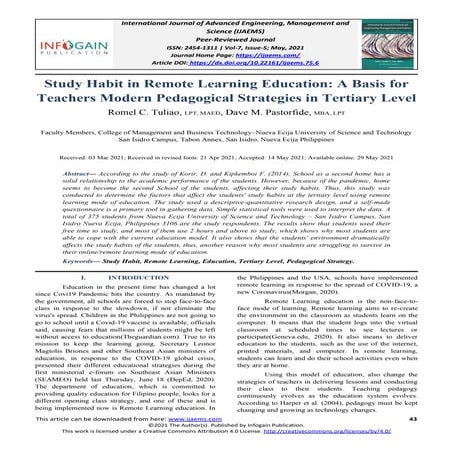 Study Habit in Remote Learning Education: A Basis for Teachers Modern Pedagog...