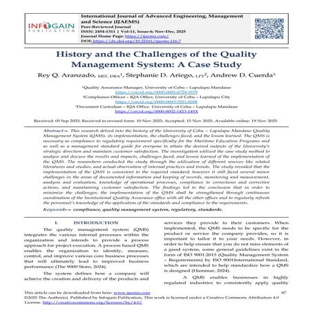 History and the Challenges of the Quality Management System: A Case ...