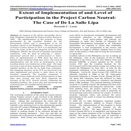 Extent of Implementation of and Level of Participation in the Project Carbon ...