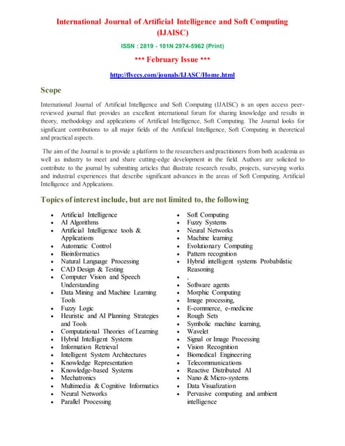 International Journal of Artificial Intelligence and Soft Computing (IJAISC)