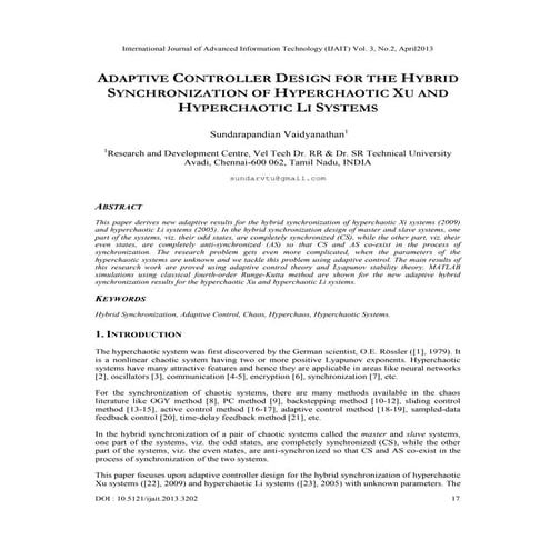ADAPTIVE CONTROLLER DESIGN FOR THE HYBRID SYNCHRONIZATION OF HYPERCHAOTIC XU ...
