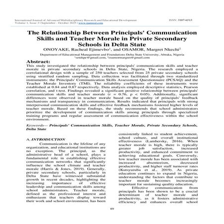 The Relationship Between Principals' Communication Skills and Teacher Morale in Private Secondary Schools in Delta State