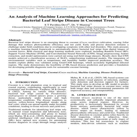 An Analysis of Machine Learning Approaches for Predicting Bacterial Leaf Stripe Disease in Coconut Trees