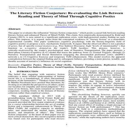 The Literary Fiction Conjecture: Re-evaluating the Link Between Reading and Theory of Mind Through Cognitive Poetics