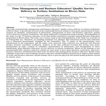 Time Management and Business Educators’ Quality Service Delivery in Tertiary Institutions in Rivers State