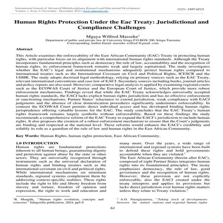 Human Rights Protection Under the Eac Treaty: Jurisdictional and Compliance Challenges
