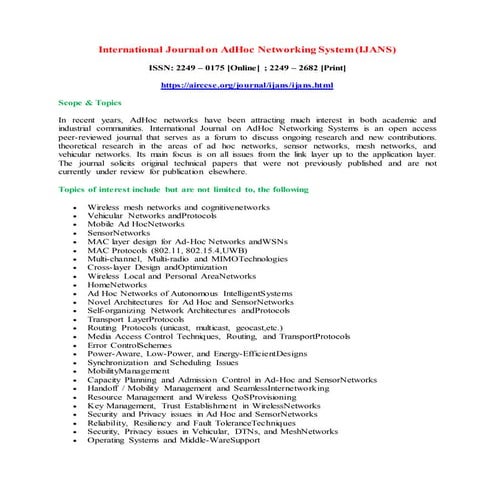 International Journal on AdHoc Networking System (IJANS)