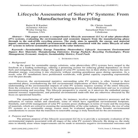 Lifecycle Assessment of Solar PV Systems: From Manufacturing to Recycling