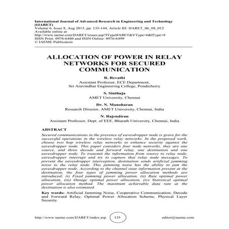 ALLOCATION OF POWER IN RELAY NETWORKS FOR SECURED COMMUNICATION