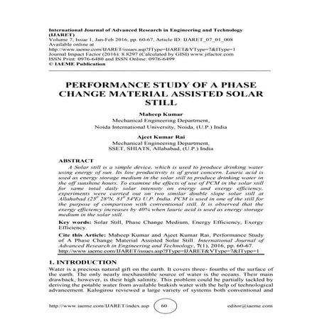 PERFORMANCE STUDY OF A PHASE CHANGE MATERIAL ASSISTED SOLAR STILL | PDF