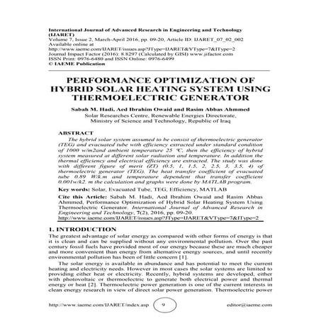  PERFORMANCE OPTIMIZATION OF HYBRID SOLAR HEATING SYSTEM USING THERMOELECTRIC...