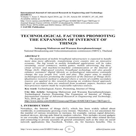 TECHNOLOGICAL FACTORS PROMOTING THE EXPANSION OF INTERNET OF THINGS