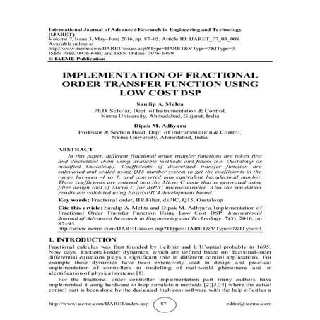 IMPLEMENTATION OF FRACTIONAL ORDER TRANSFER FUNCTION USING LOW COST DSP