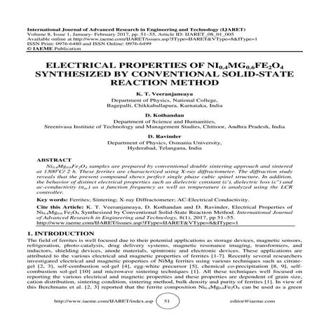 ELECTRICAL PROPERTIES OF NI0.4MG0.6FE2O4 SYNTHESIZED BY CONVENTIONAL SOLID-ST...