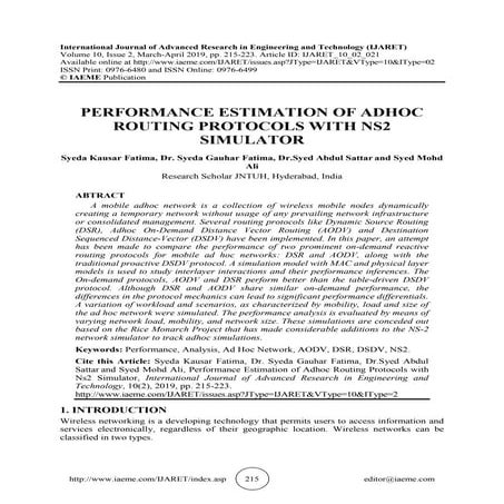 PERFORMANCE ESTIMATION OF ADHOC ROUTING PROTOCOLS WITH NS2 SIMULATOR
