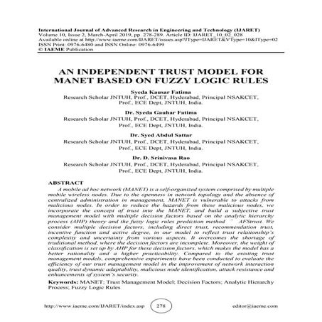 AN INDEPENDENT TRUST MODEL FOR MANET BASED ON FUZZY LOGIC RULES